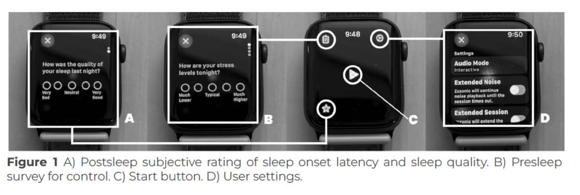 Apple Watch interface walkthrough: post-sleep rating, pre-sleep survey, start button, and user settings
